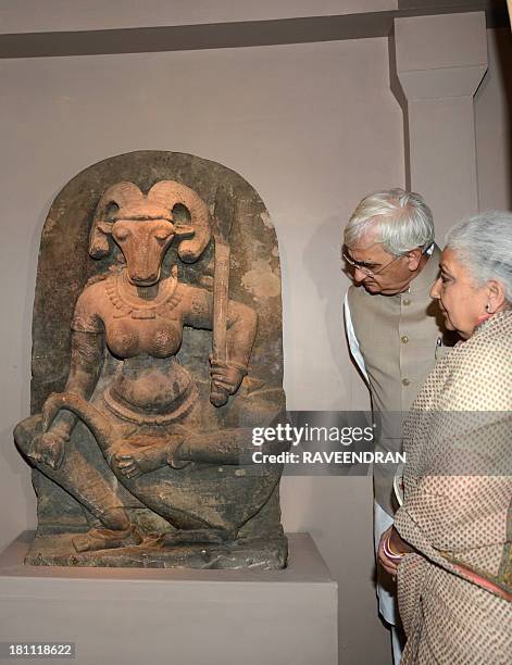 Indian Minister for External Affairs, Salman Khurshid and Minister of Culture, Chandresh Kumari Katoch inaugurate the 10th century stone sculpture of...