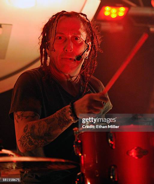 Drummer Morgan Rose of Sevendust performs at Hard Rock Live Las Vegas as the band tours in support of the album "Black Out the Sun" on September 18,...