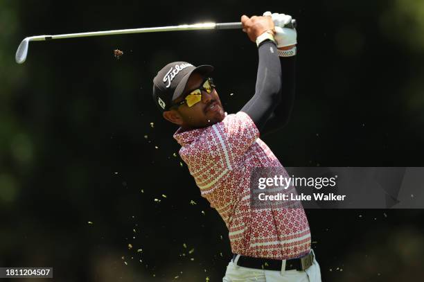 Nikhil Rama of South Africa plays his second shot on the sixth hole during Day Two of the Joburg Open at Houghton GC on November 24, 2023 in...