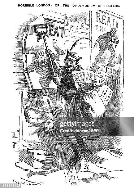 horrible london - pandemonium of posters - jack the ripper stock illustrations