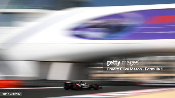 Oliver Bearman of Great Britain driving the Haas F1 VF-23 Ferrari on track during practice ahead of the F1 Grand Prix of Abu Dhabi at Yas Marina...