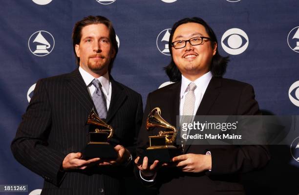 Winner for Best Short Form Music Video for Eminem's "Without Me", left, video producer Greg Tharp and video director Joseph Kahn pose backstage at...