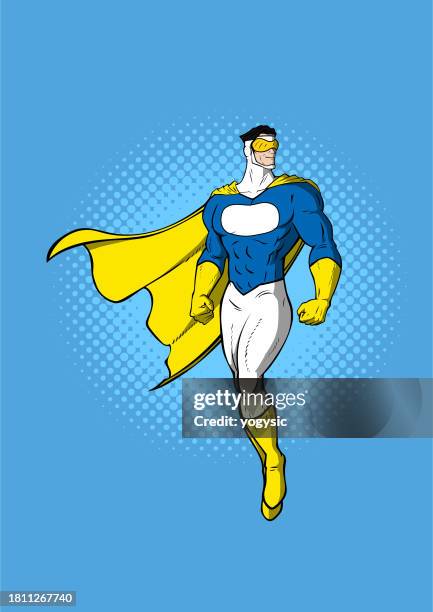 vector cartoon pop art superhero flying floating in the air stock illustration - superhero stock illustrations