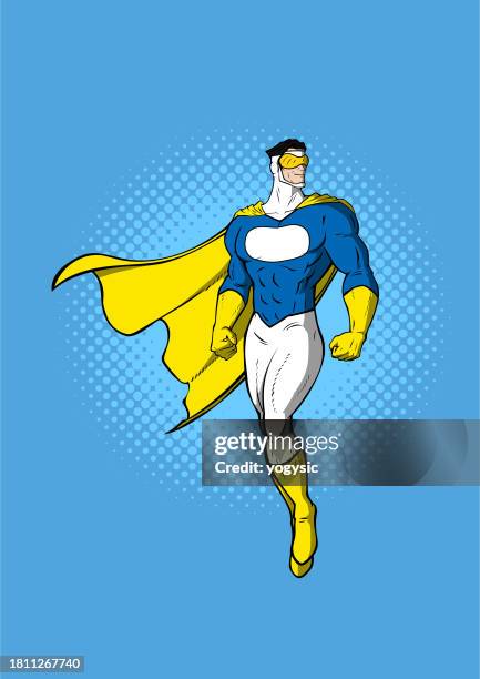 vector cartoon pop art superhero flying floating in the air stock illustration - superman logo stock illustrations