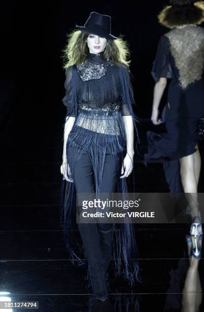 Caitriona Balfe walks the runway during the Julien Macdonald Ready to Wear Fall/Winter 2002-2003 fashion show as part of the London Fashion Week on...
