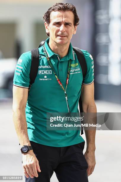Pedro de la Rosa of Spain and Aston Martin Aramco Cognizant F1 Team arrives at the track during previews ahead of the F1 Grand Prix of Abu Dhabi at...