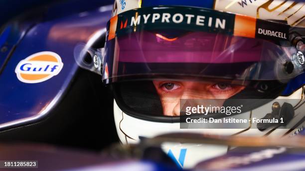Zak O'Sullivan of Great Britain and Williams prepares to drive in the garage during practice ahead of the F1 Grand Prix of Abu Dhabi at Yas Marina...