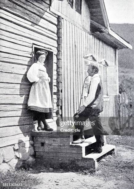 stockillustraties, clipart, cartoons en iconen met couple of norway standing at a house entrance - jong koppel