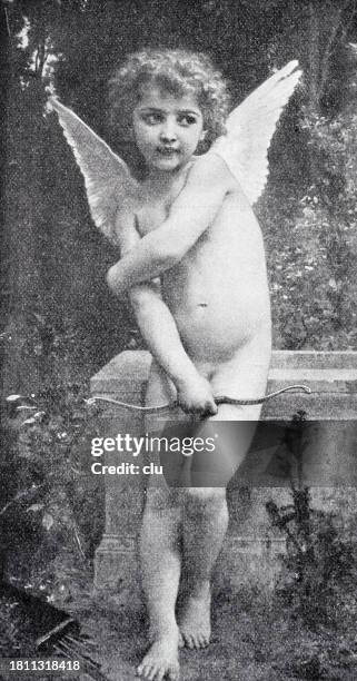 amor standing with bow, spread wings, full length - cupid stock illustrations