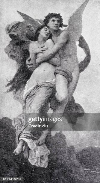 cupid and psyche holding each other flying up - psyche stock illustrations