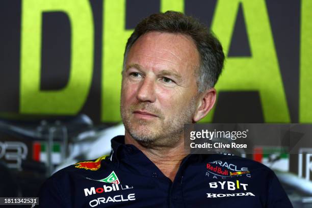 Red Bull Racing Team Principal Christian Horner attends the Drivers Press Conference during practice ahead of the F1 Grand Prix of Abu Dhabi at Yas...