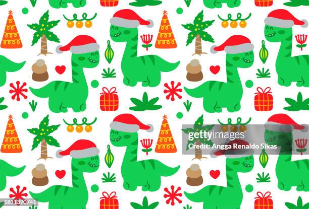christmas dinosaurs flat design cartoon seamless pattern on white background - dinosaur background stock illustrations