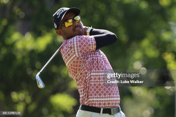 Nikhil Rama of South Africa plays his tee shot on the 16th hole during Day Two of the Joburg Open at Houghton GC on November 24, 2023 in...