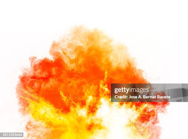 multiple explosions with orange and yellow smoke and dust on a white background. - shooting a weapon stock pictures, royalty-free photos & images