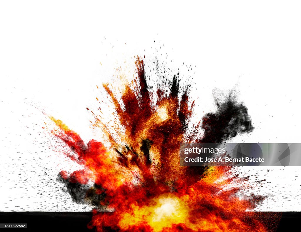 Multiple impact explosions with fire and smoke on a white background.
