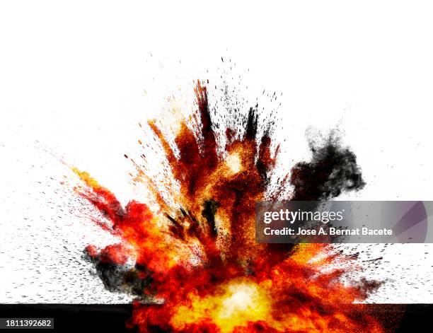 multiple impact explosions with fire and smoke on a white background. - bomba foto e immagini stock
