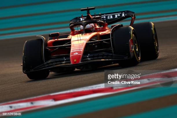 Charles Leclerc of Monaco driving the Ferrari SF-23 on track during practice ahead of the F1 Grand Prix of Abu Dhabi at Yas Marina Circuit on...