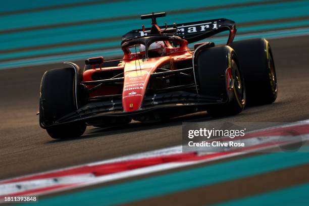 Charles Leclerc of Monaco driving the Ferrari SF-23 on track during practice ahead of the F1 Grand Prix of Abu Dhabi at Yas Marina Circuit on...