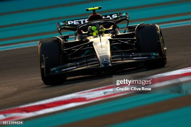 Lewis Hamilton of Great Britain driving the Mercedes AMG Petronas F1 Team W14 on track during practice ahead of the F1 Grand Prix of Abu Dhabi at Yas...