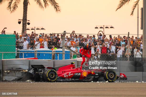 Carlos Sainz of Spain and Scuderia Ferrari crashes during practice ahead of the F1 Grand Prix of Abu Dhabi at Yas Marina Circuit on November 24, 2023...