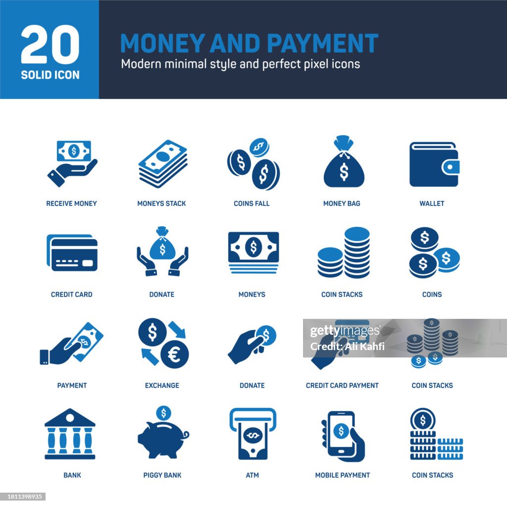 Money and payment solid icons. Containing money bag, coin, exchange, credit card solid icons collection. Vector illustration. For website design, logo, app, template, ui, etc.