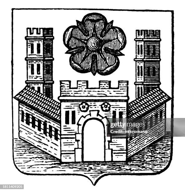 old engraved illustration of coat of arms of lippstadt, a town in north rhine-westphalia, germany (the largest town within the district of soest) - crest logo stock pictures, royalty-free photos & images