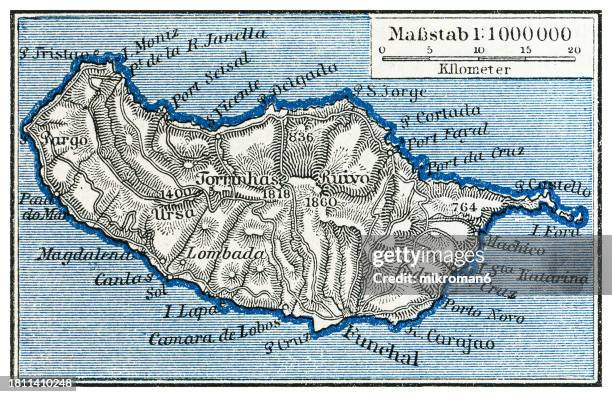 old engraved map of madeira, a portuguese island, and the largest and most populous of the madeira archipelago - atlantic islands stock pictures, royalty-free photos & images