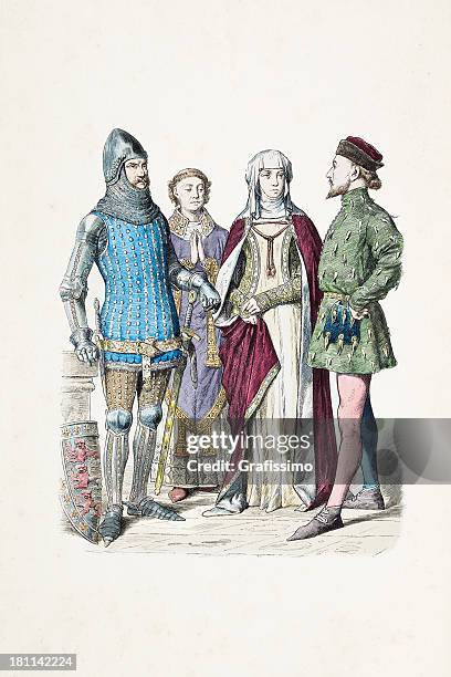 bildbanksillustrationer, clip art samt tecknat material och ikoner med group of english knight priest and woman from 14th century - bonnet