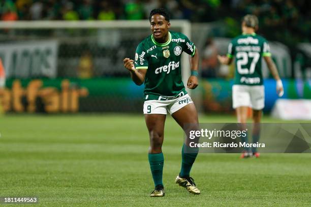 Endrick of Palmeiras celebrates after scoring the first goal of his team during the match between Palmeiras and America MG as part of Brasileirao...