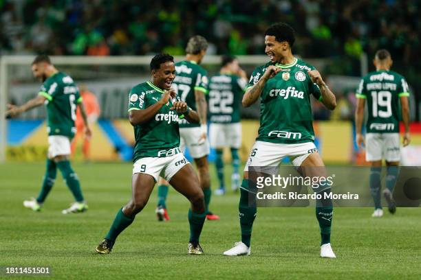 Endrick of Palmeiras celebrates with teammate Murilo after scoring the first goal of his team during the match between Palmeiras and America MG as...