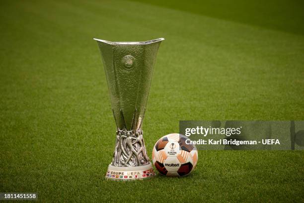 The UEFA Europa League Trophy and official Molten match ball are shot at the Aviva Stadium on November 20, 2023 in Dublin, Ireland. The Aviva Stadium...