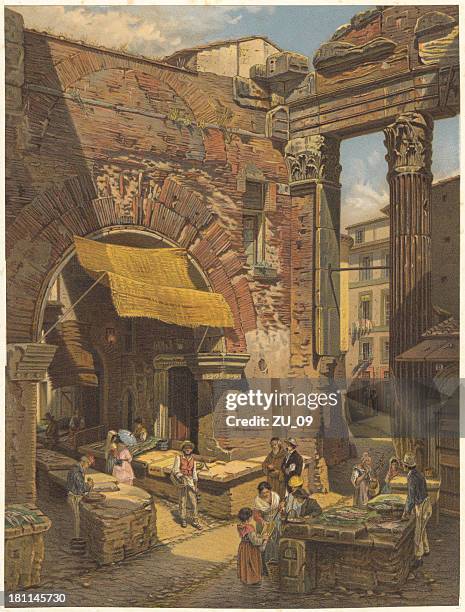 ilustraciones, imágenes clip art, dibujos animados e iconos de stock de viejo mercado de pescado en roma, lithograph, publicado 1873 - techo abovedado