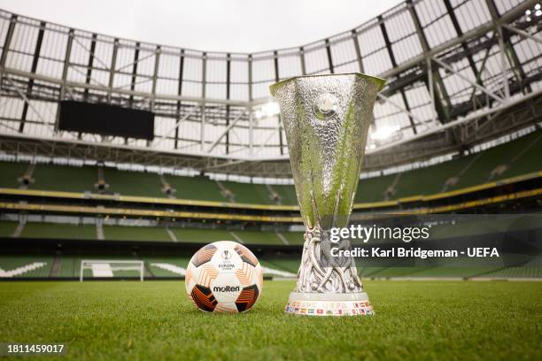 The UEFA Europa League Trophy and official Molten match ball are shot at the Aviva Stadium on November 20, 2023 in Dublin, Ireland. The Aviva Stadium...