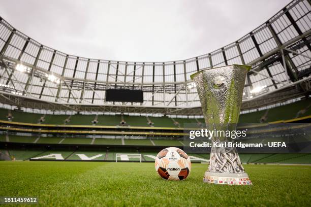 The UEFA Europa League Trophy and official Molten match ball are shot at the Aviva Stadium on November 20, 2023 in Dublin, Ireland. The Aviva Stadium...