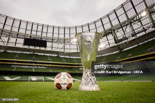 The UEFA Europa League Trophy is shot at the Aviva Stadium on November 20, 2023 in Dublin, Ireland. The Aviva Stadium will host the UEFA Europa...