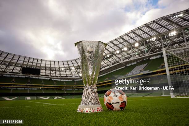The UEFA Europa League Trophy and official Molten match ball are shot at the Aviva Stadium on November 20, 2023 in Dublin, Ireland. The Aviva Stadium...