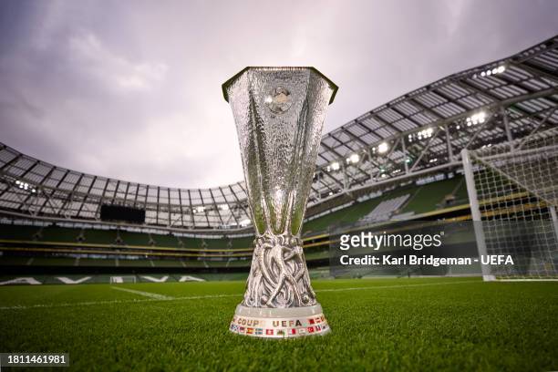 The UEFA Europa League Trophy is shot at the Aviva Stadium on November 20, 2023 in Dublin, Ireland. The Aviva Stadium will host the UEFA Europa...