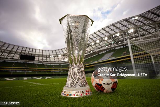 The UEFA Europa League Trophy and official Molten match ball are shot at the Aviva Stadium on November 20, 2023 in Dublin, Ireland. The Aviva Stadium...