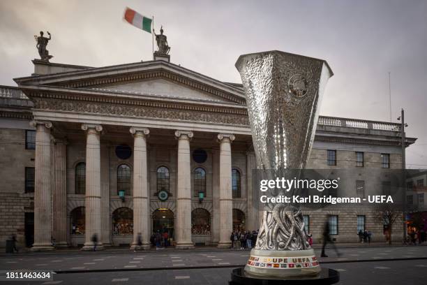 The UEFA Europa League Trophy is shot outside the GPO on November 20, 2023 in Dublin, Ireland. Dublin's Aviva Stadium will host the UEFA Europa...