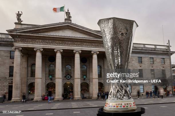The UEFA Europa League Trophy is shot outside the GPO on November 20, 2023 in Dublin, Ireland. Dublin's Aviva Stadium will host the UEFA Europa...