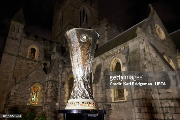 The UEFA Europa League Trophy is shot outside Christ Church Cathedral on November 20, 2023 in Dublin, Ireland. Dublin's Aviva Stadium will host the...