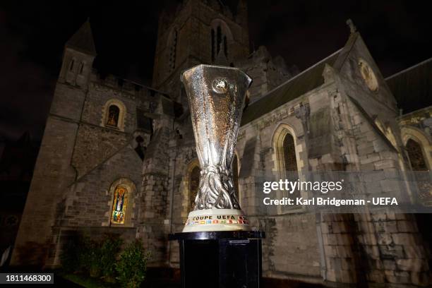 The UEFA Europa League Trophy is shot outside Christ Church Cathedral on November 20, 2023 in Dublin, Ireland. Dublin's Aviva Stadium will host the...