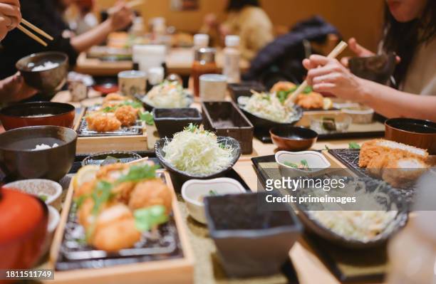 gruppe von freunden isst traditionelles japanisches essen tonkatsu set mit einer auswahl an japanischem essen - stadt osaka stock-fotos und bilder