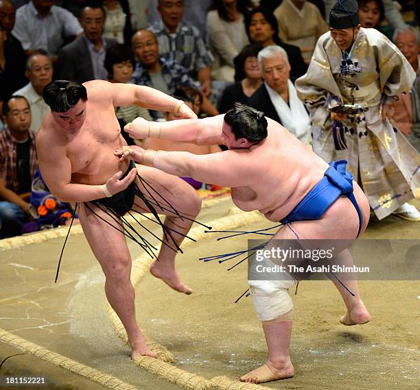 Bulgarian wrestler Aoiyama , whose real name is Daniel Ivanov pushes Mongolian yokozuna Harumafuji , whose real name is Altangadasyn Khuchitbaatar...