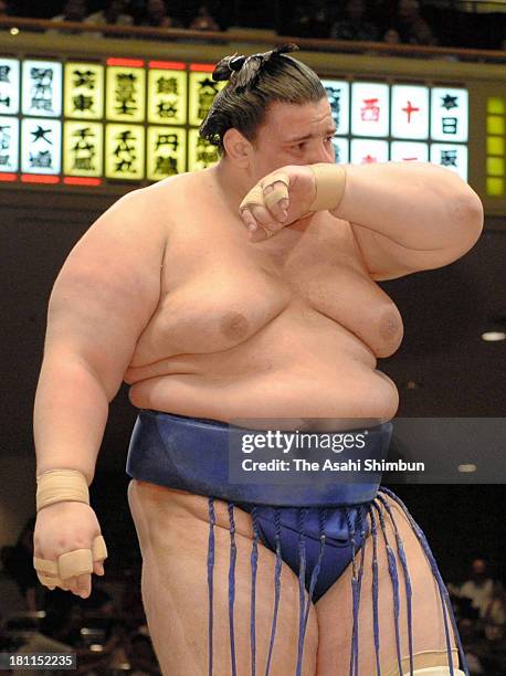 Bulgarian wrestler Aoiyama, whose real name is Daniel Ivanov celebrates beating Mongolian yokozuna Harumafuji , whose real name is Altangadasyn...