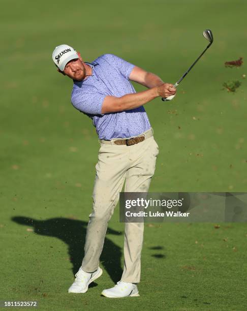 Jacques Kruyswijk of South Africa plays his approach shot on the 17th hole during Day Two of the Joburg Open at Houghton GC on November 24, 2023 in...