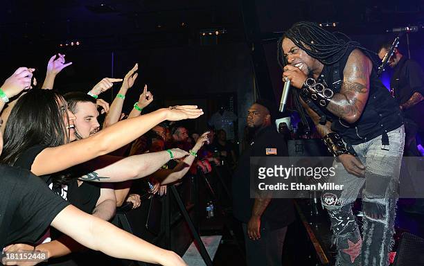 Singer Lajon Witherspoon of Sevendust performs at Hard Rock Live Las Vegas as the band tours in support of the album "Black Out the Sun" on September...