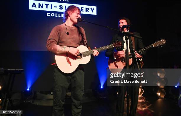 Ed Sheeran and James Blunt attend The Anti Slavery Collective's inaugural Winter Gala at Battersea Arts Centre on November 29, 2023 in London,...