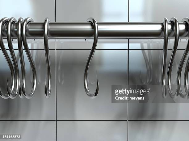 butcher's hooks - slaughterhouse stock pictures, royalty-free photos & images