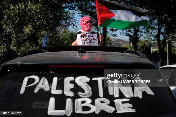 Members of the Palestinian community in Chile participate in a car caravan on the International Day of Solidarity with the Palestinian People in...